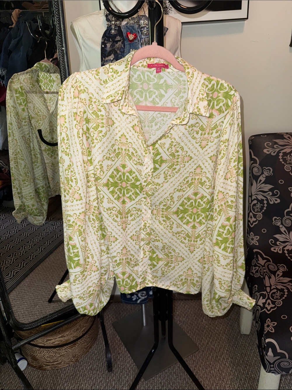 Flying Tomato Green and Cream Printed Button-Down Blouse